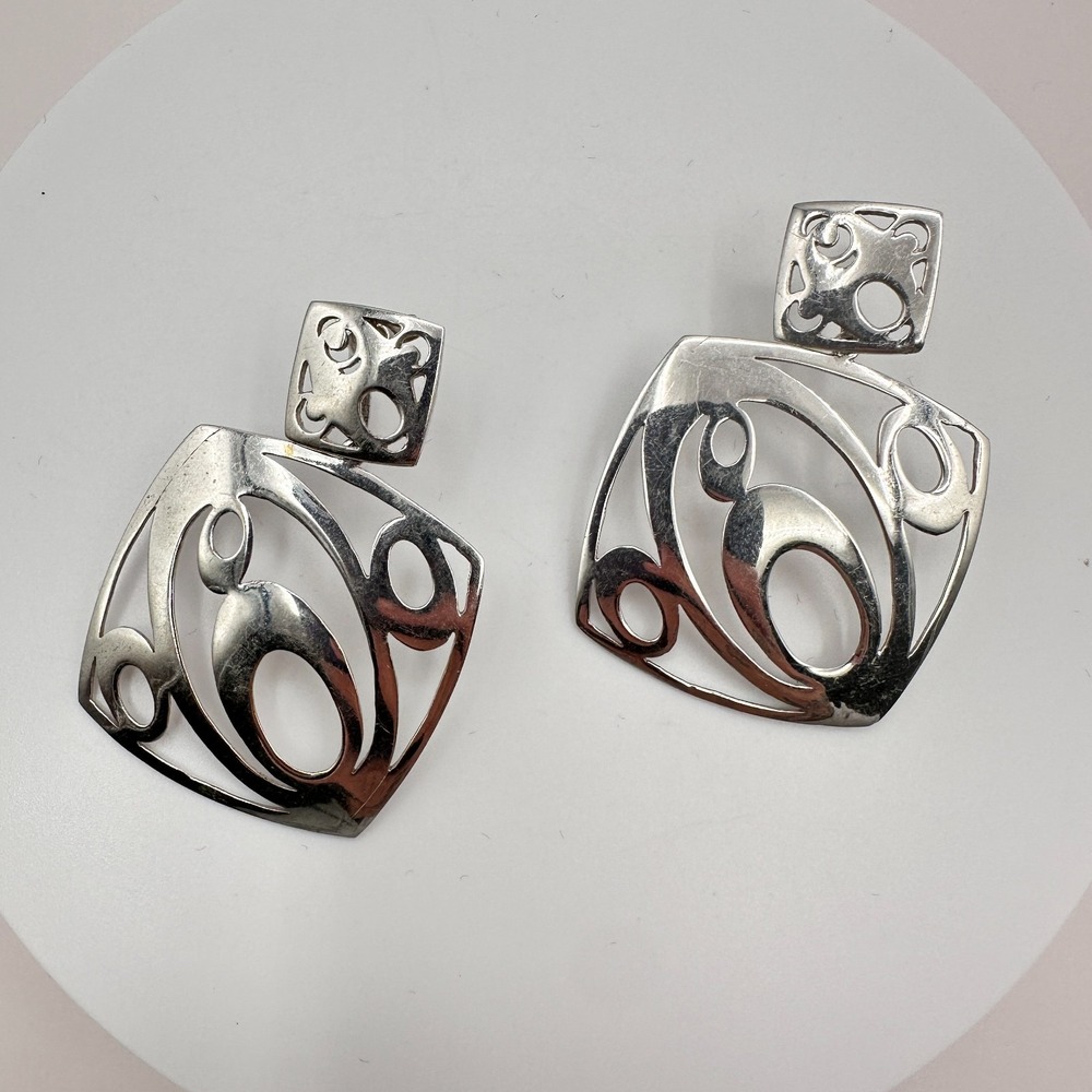 Vintage Y2K Silver Tone Open Work Dangle Earrings - 90s Statement Jewelry